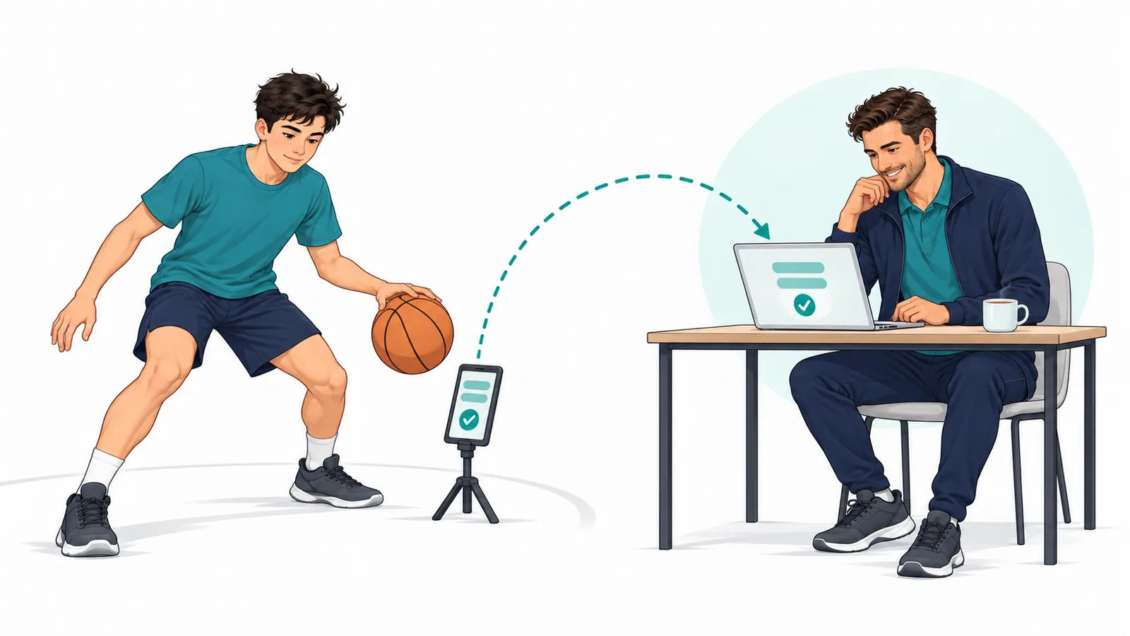 A young player trains alone with a phone on a stand, and the coach follows the session on a laptop at home