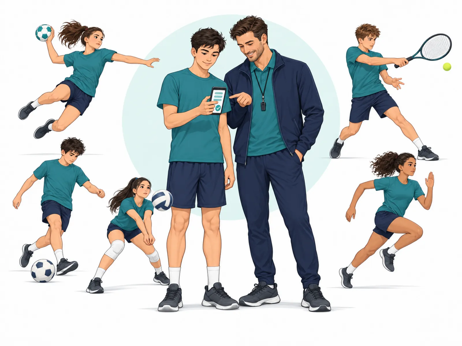 Players of different sports around a coach and a young athlete looking at a phone